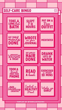 a pink poster with words on it that say self - care bingo and other things to do