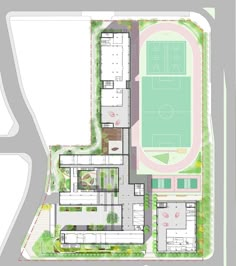 an aerial view of the ground plan for a soccer field with grass and trees on it