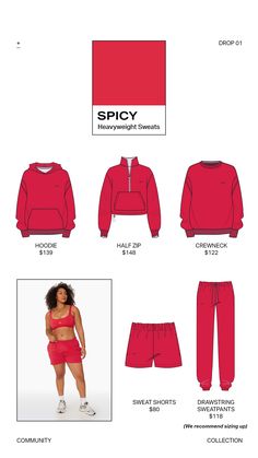 a woman's sweatshirt and sweatpants are shown in red with the words spicy on it