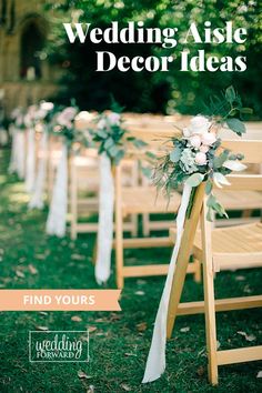 wedding aisle decor ideas with white flowers and greenery on wooden chairs in the grass