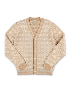 Double G Cardigan By Gucci. Featuring: Double G Geometric Cotton Jacquard V-neck Front Button Closure Striped Rib Trim Long Sleeves Composition: 100% cotton Gucci Cotton Outerwear With Button Closure, Casual Gucci V-neck Outerwear, Casual Fitted Gucci Sweater, Gucci Designer Jacquard Knit Cardigan, Designer Gucci Jacquard Knit Cardigan, Designer Gucci V-neck Sweater, Fitted Designer Gucci Sweater, Designer Beige Winter Cardigan, Gucci Jacquard Knit Cardigan For Fall