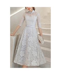 Buy elegant grey lace tea length party dress with half sleeves collar at cheap price online. Free stable shipping and pro custom service since 2009. Tea Party Attire, Chinese Fancy Dress, Dress Attire, Grey Lace, Grey Tea, Trending Fashion Outfits, Style Dresses, Formal Party, Tea Length