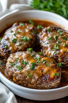 Amish Hamburger Steaks, Amish Hamburger Steak Bake, Baked Hamburger Steak, Hamburger Meat Meals, Grilled Hamburger Recipes, Creamy Mushroom Gravy, Hamburger Steak Recipes, Hamburger Steaks