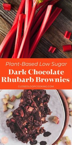 chocolate rhubarb brownies on a white plate with text overlay that reads plant - based low sugar dark chocolate rhubar brownies