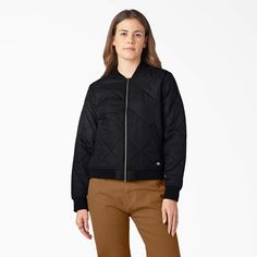 Recreate a classic look at work or on the weekend with Dickies Women's Bomber Jacket. A great lightweight layering piece, this bomber features a nylon taffeta construction with a polyester fill and jersey lining for comfort and warmth. You're covered in wet conditions as well with a durable water repellent coating and a rib knit collar, cuff and waist to keep the elements out. Front welt pockets offer easy access to warm your hands or grab your keys. With the Dickies logo located under the left Casual Nylon Quilted Jacket For Work, Urban Nylon Outerwear For Work, Dickies Women, Knit Collar, Outerwear Women, Welt Pockets, Signature Style, Outerwear Jackets, Classic Looks