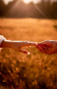 two people holding each other's hand in a field