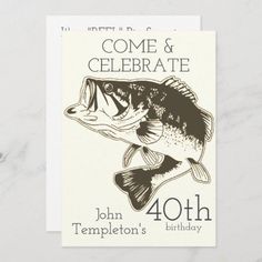 a birthday card with a fish on it and the words, come & celebrate john temple's birthday