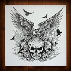 a drawing of a skull with wings and skulls on it's face, surrounded by birds