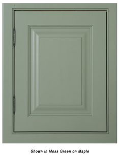 an image of a kitchen cabinet door with the words shown in moss green on maple