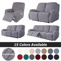 the reclining sofa is shown with different colors and sizes to choose from, including black