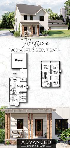 two story house plans with 3 beds and 2 baths in the front, an open floor plan