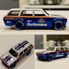 three different views of a toy car from the'80s and'90s, including one with an advertisement for hot wheels