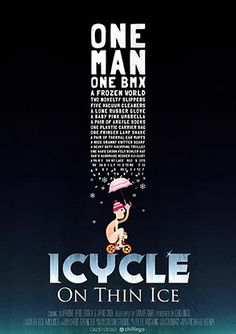 the poster for an ice - cream shop called icicle on thin ice, which features a man holding a pink umbrella