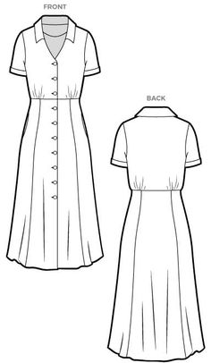 the front, back and side views of a dress with buttons on the chestline