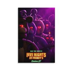 the poster for five nights at teddy's is shown in purple and red lights