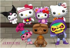 several hello kitty dolls are posed in front of a brick wall with an american flag on it