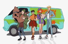 cartoon characters standing in front of a van