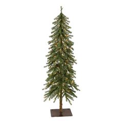 a small christmas tree with lights on it's branches and stand in front of a white background