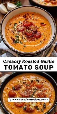 two bowls of creamy roasted garlic tomato soup