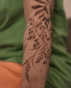 Swamp Sleeve Tattoo, Simple Floral Half Sleeve Tattoo, Flower Shoulder Sleeve Tattoo, Floral Foliage Tattoo, Fine Line Botanical Tattoo Sleeve, Foliage Sleeve Tattoo, Plant Sleeve Tattoo Botanical Drawings, Fern Mushroom Tattoo, Botanical Wrist Tattoo