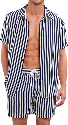 This stylish set from is perfect for summer. The short sleeve shirt and shorts combo features a classic black and white striped pattern, giving you a vintage retro look. The light fabric keeps you comfortable while looking great. 100% Rayon Imported Button closure Machine Wash The mens short sleeve summer beach outfits made of lightweight and soft fabric, give you comfortable and nature skin feel, anti-shrink, helping sweat evaporates faster in the summer. Men Vintage Outfits, Casual Blazer Men, Summer Beach Outfits, Plus Size Trench Coat, Plus Size Sleepwear, Summer Beach Outfit, Shirt And Shorts, Beach Outfits, Plus Size Outerwear