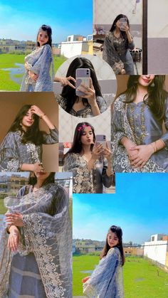 a collage of photos showing different styles of women in blue and grey outfits, with the