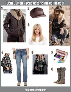 a collage of different outfits and accessories including boots, hat, jacket, shirt, jeans