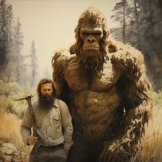 a painting of a man standing next to a bigfoot