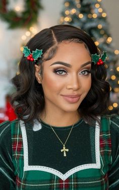 Soft curls with holly berry hair clips, a festive Christmas hairstyle for Black women. Christmas Hairstyles For Women, Razor Cut Hair, Easy Waves, Christmas Hairstyles, All Christmas, Holiday Bows, Wavy Bobs, Long Bangs