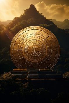 the sun is setting behind a large golden object on top of a hill with mountains in the background