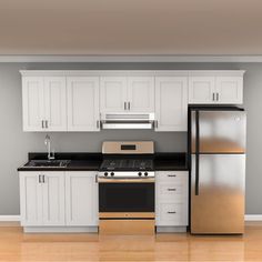 an empty kitchen with white cabinets and black counter tops is shown in this rendering image