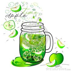 an apple is in a mason jar filled with green liquid and sliced apples are around it