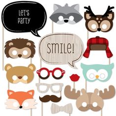 a set of photo booth props with animals and masks on it's stickers that says, let's party smile