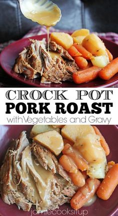 the crock pot pork roast with vegetables and gravy is being drizzled over