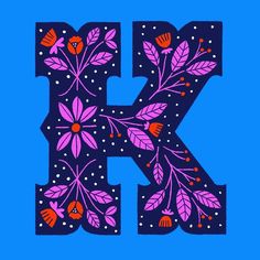 the letter k is made up of flowers and leaves on a blue background with polka dots