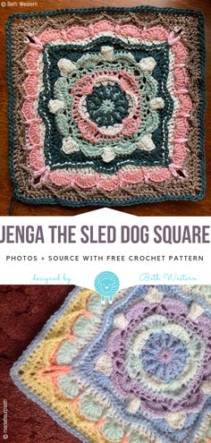 two square crocheted grannys with the words, jennya the sled dog square