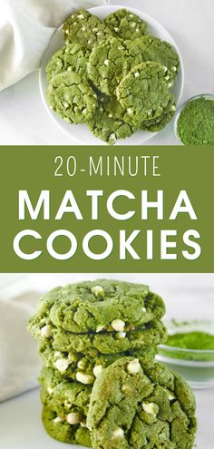 matcha cookies stacked on top of each other with the words, 20 minute matcha cookies