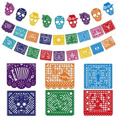 colorful paper cut outs with sugar skulls and flowers on the top, in different colors