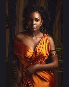 a woman in an orange dress is posing for a photo with her hands on her hips