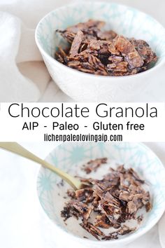 chocolate granola in a white bowl with a spoon