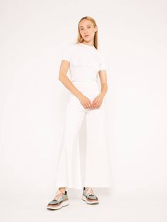 Off-White Ponte Knit Wide Leg Pant: Cropped Ripley Rader, White Wide Leg Pants, Maxi Romper, Perfect Pant, Wide Leg Pant, Wide Pants, Knit Crop, Soft Knits, Bottoms Pants