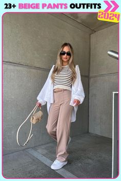 Relaxed beige pants outfit featuring a striped top layered with a flowing white shirt. A perfect mix of casual and stylish, this layered look adds dimension and comfort to any casual day out. Layered Look, White Shirt, Outfit Ideas