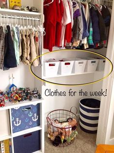 an organized closet with clothes for the week written in yellow and black on it's bottom shelf