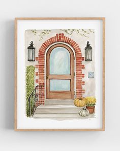 a watercolor painting of a front door with pumpkins on the steps and two lanterns