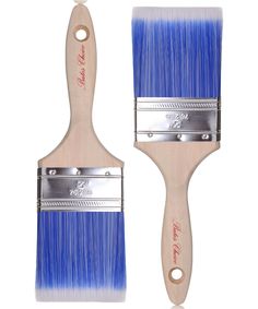 two paint brushes with blue and white bristles on each side, one has a wooden handle