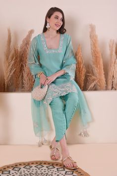 Serene sky blue kurta with thread, gota embroidery in floral cutwork pattern. Paired with pant and tassel bordered dupatta. - Aza Fashions Floral Cutwork, Gota Embroidery, Blue Kurta, Floral Set, Cut Work, Set For Women, Embroidery Thread, Aza Fashion, Square Neck