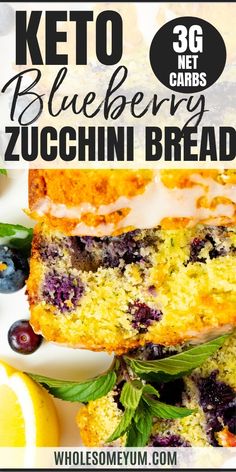 blueberry zucchini bread on a plate with lemons