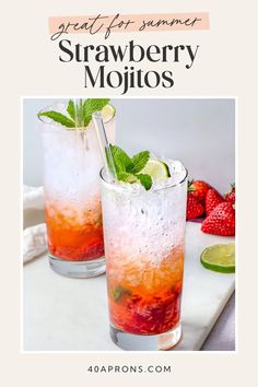 two glasses filled with strawberry mojits sitting on top of a counter