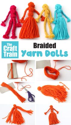 four braided yarn dolls in a row with step by step pictures of how to make the yarn dolls Braided Yarn, Easy Craft For Kids, Yarn Crafts For Kids, Easy Yarn Crafts, Diy Yarn, Diy Yarn Crafts, Cute Diy, Art Yarn