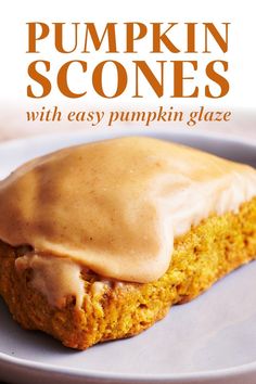 pumpkin scones with easy pumpkin glaze are on a plate and the title reads, pumpkin scones with easy pumpkin glaze